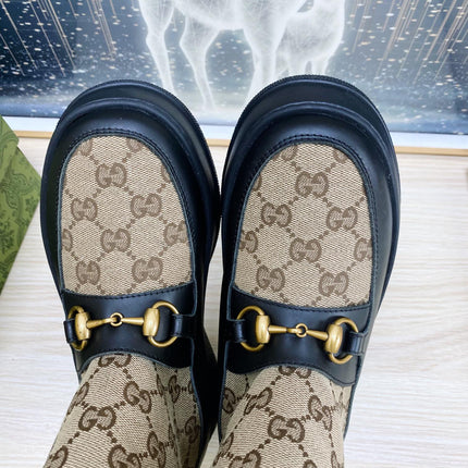 HORSEBIT ANKLE BOOTS WITH MERINO TRIM IN BEIGE JACQUARD FABRIC MIX BLACK CALFSKIN