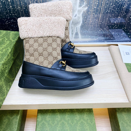 HORSEBIT ANKLE BOOTS WITH MERINO TRIM IN BEIGE JACQUARD FABRIC MIX BLACK CALFSKIN