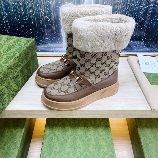 HORSEBIT ANKLE BOOTS WITH MERINO TRIM IN BEIGE JACQUARD FABRIC MIX BROWN CALFSKIN