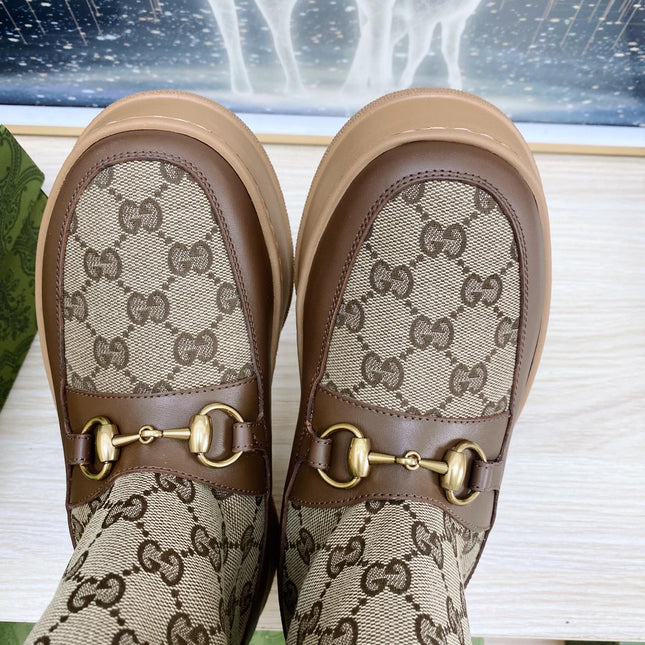 HORSEBIT ANKLE BOOTS WITH MERINO TRIM IN BEIGE JACQUARD FABRIC MIX BROWN CALFSKIN