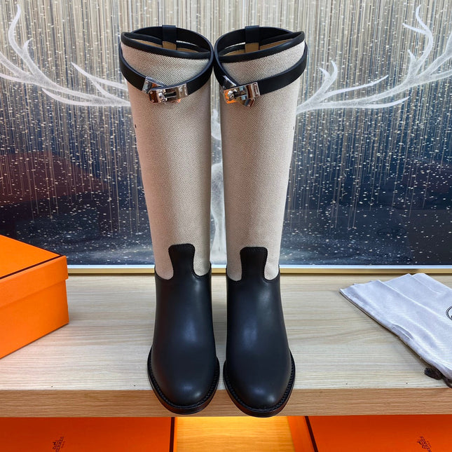 KNEE HIGH BOOTS IN BLACK CALFSKIN AND WHITE FABRIC