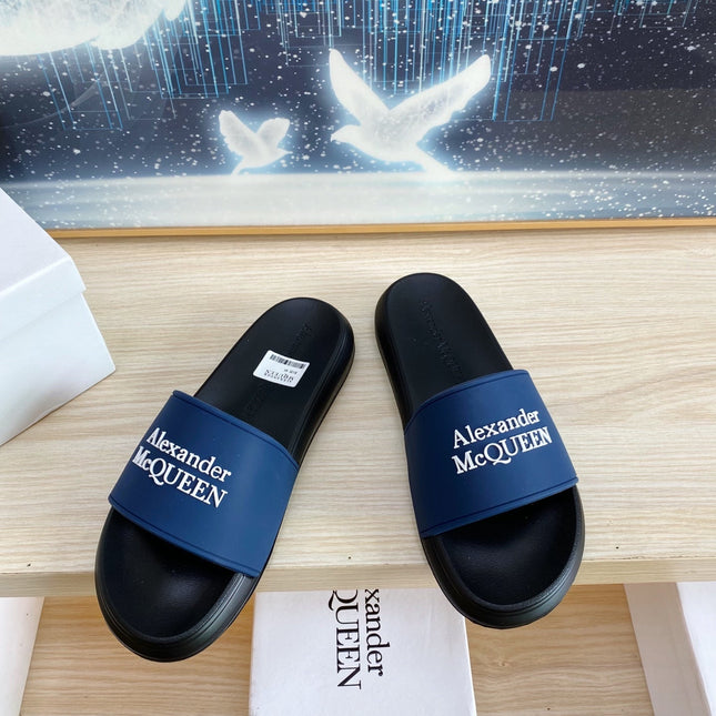 SLIDES SANDAL IN BLACK TPU WITH NAVY BLUE STRAP WHITE EMBOSSED LOGO