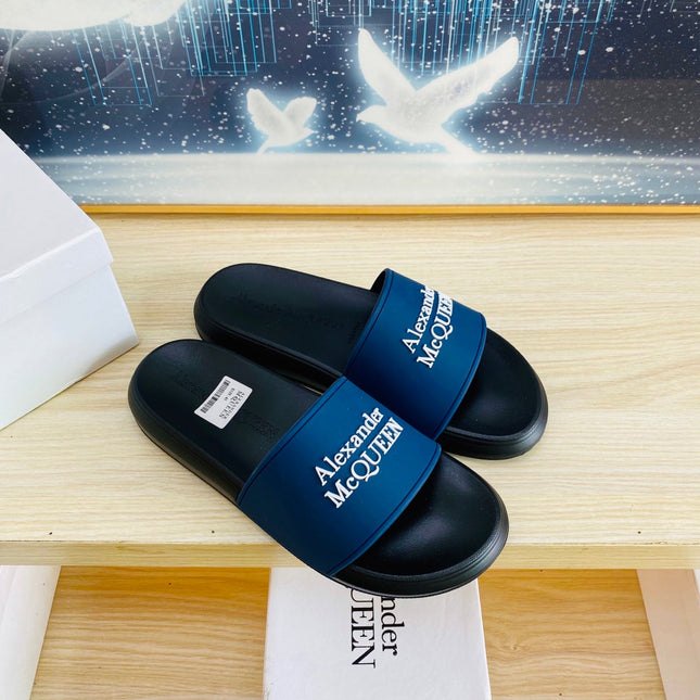 SLIDES SANDAL IN BLACK TPU WITH NAVY BLUE STRAP WHITE EMBOSSED LOGO