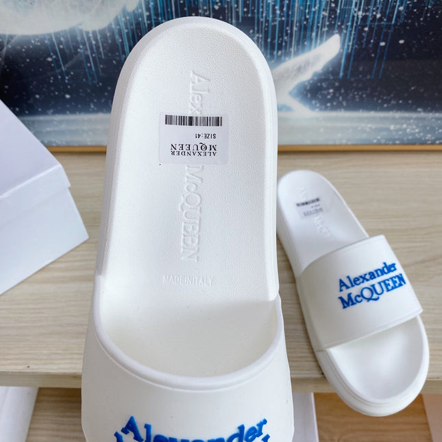 SLIDES SANDAL IN WHITE TPU WITH BLUE EMBOSSED LOGO