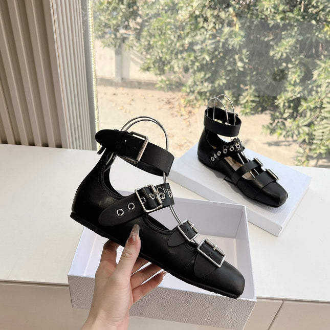 PUNK BALLET FLAT IN BLACK CALFSKIN