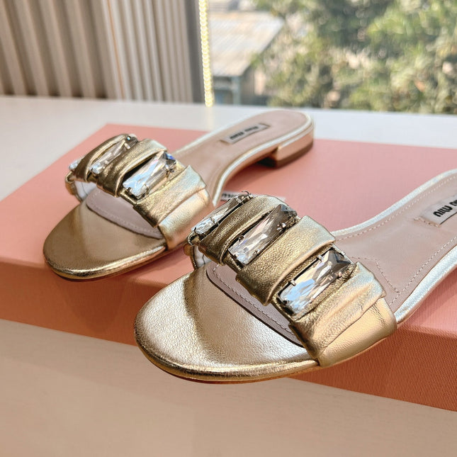 SLIDE SANDALS ATTACHED DIAMOND IN GOLD METALLIC LAMBSKIN