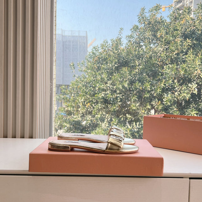 SLIDE SANDALS ATTACHED DIAMOND IN GOLD METALLIC LAMBSKIN