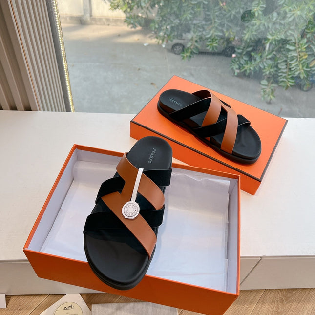 KAZIMIR SANDAL IN BRONZE BROWN CALFSKIN AND BLACK SUEDE