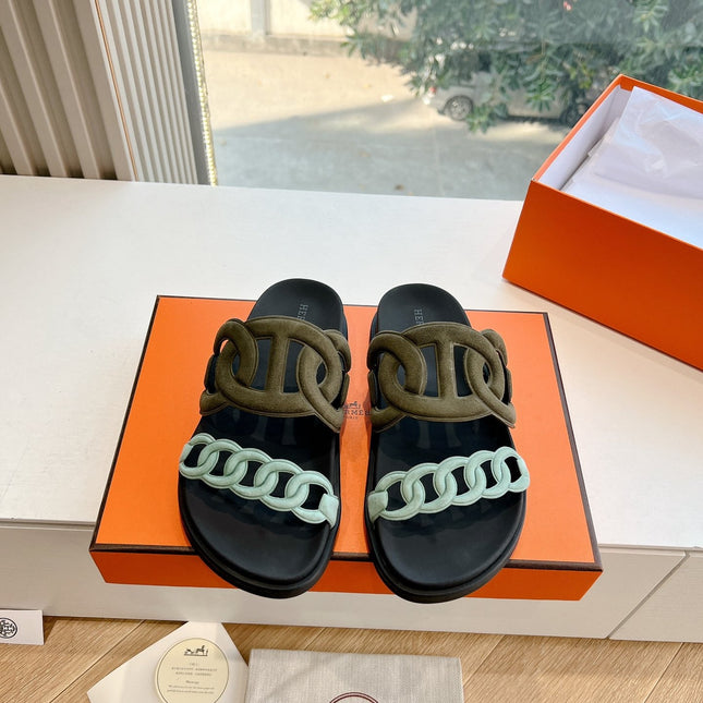 EXTRA SANDAL IN ARMY GREEN MIX ELECTRIC BLUE CALFSKIN