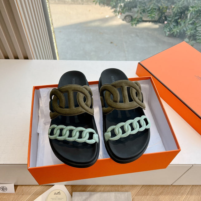 EXTRA SANDAL IN ARMY GREEN MIX ELECTRIC BLUE CALFSKIN