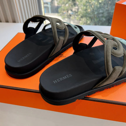 EXTRA SANDAL IN ARMY GREEN MIX ELECTRIC BLUE CALFSKIN