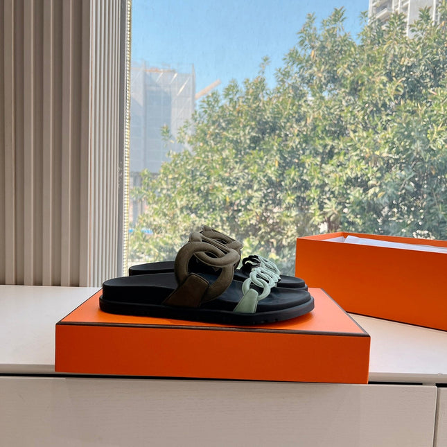 EXTRA SANDAL IN ARMY GREEN MIX ELECTRIC BLUE CALFSKIN