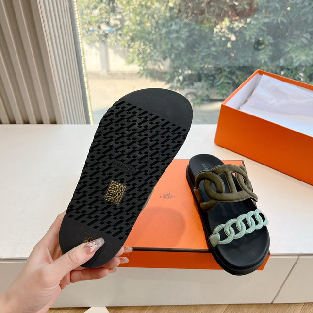 EXTRA SANDAL IN ARMY GREEN MIX ELECTRIC BLUE CALFSKIN