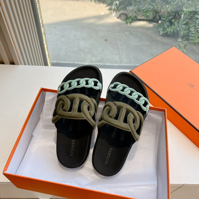 EXTRA SANDAL IN ARMY GREEN MIX ELECTRIC BLUE CALFSKIN