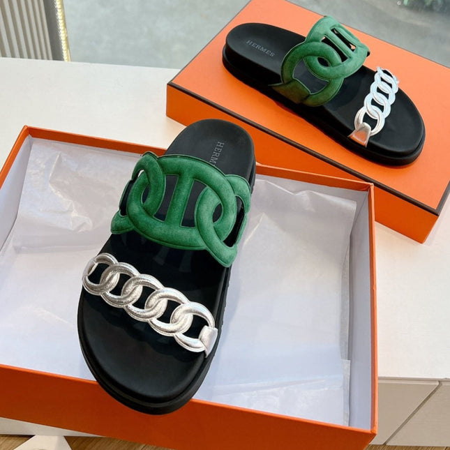 EXTRA SANDAL IN MEDIUM GREEN MIX SILVER CALFSKIN