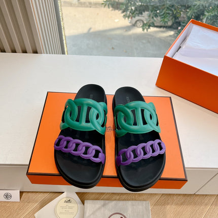 EXTRA SANDAL IN MEDIUM GREEN MIX VIOLET PURPLE CALFSKIN