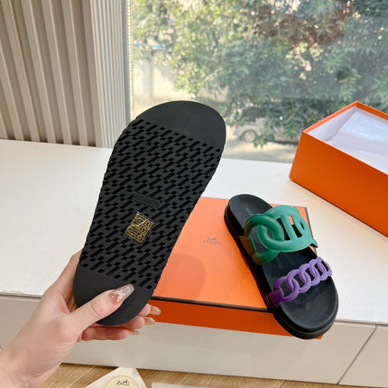 EXTRA SANDAL IN MEDIUM GREEN MIX VIOLET PURPLE CALFSKIN