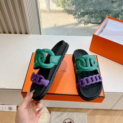 EXTRA SANDAL IN MEDIUM GREEN MIX VIOLET PURPLE CALFSKIN