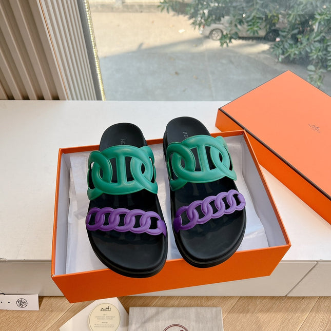 EXTRA SANDAL IN MEDIUM GREEN MIX VIOLET PURPLE CALFSKIN