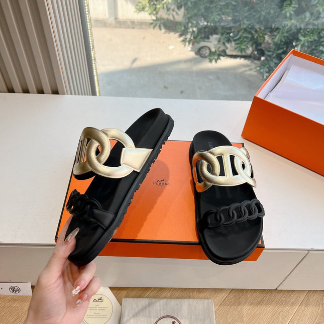 EXTRA SANDAL IN GOLD MIX BLACK CALFSKIN