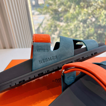 CHYPRE SANDAL IN TEAL GREEN MIX FIRE ORANGE SUEDE