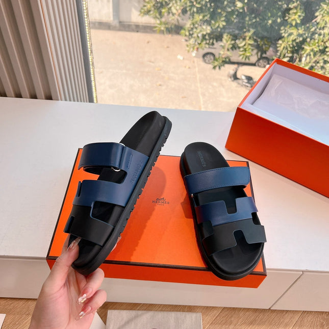 CHYPRE SANDAL IN AEGEAN BLUE MIX BLACK CALFSKIN