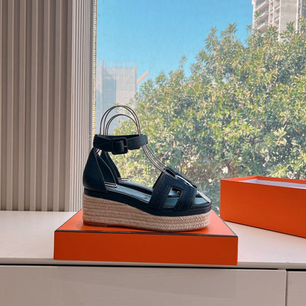 ELDA ESPADRILLE IN MIDNIGHT BLUE FABRIC AND BLACK CALFSKIN