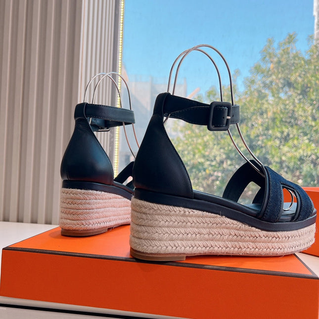 ELDA ESPADRILLE IN MIDNIGHT BLUE FABRIC AND BLACK CALFSKIN