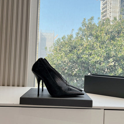 ZIPPER POINTED-TOE HIGH PUMPS IN BLACK WAX-OIL SHEEPSKIN