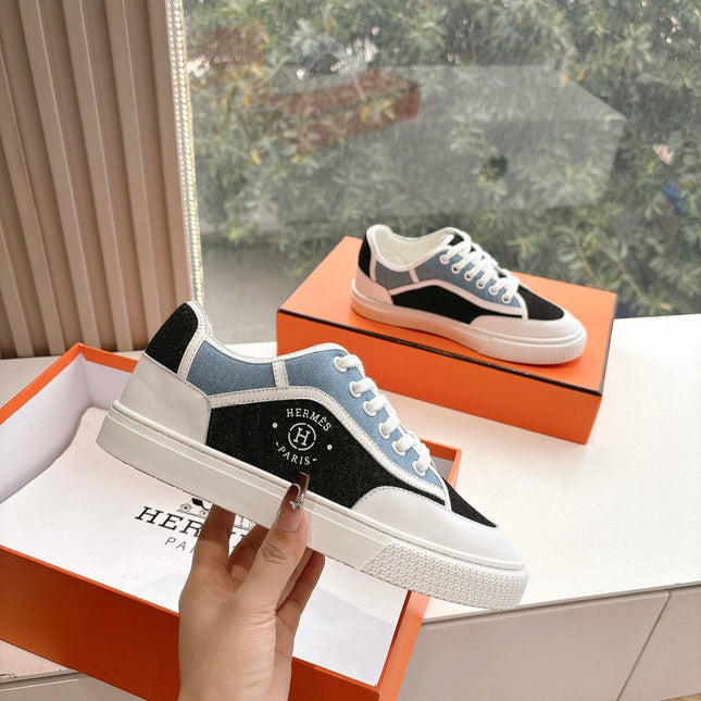 GET SNEAKER IN BLACK MIX LIGHT BLUE CANVAS AND CALFSKIN