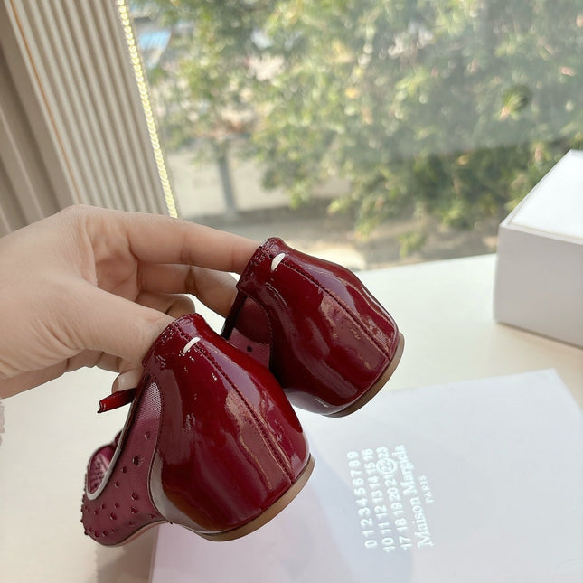 CRYSTAL STUDDED MARLOUGIELA STRASS BALLERINAS IN BURGUNDY RED CALFSKIN