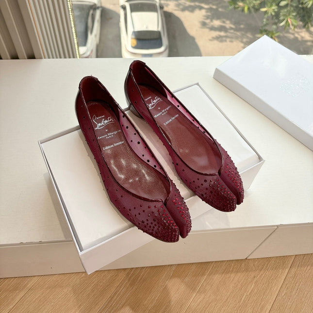 CRYSTAL STUDDED MARLOUGIELA STRASS BALLERINAS IN BURGUNDY RED CALFSKIN