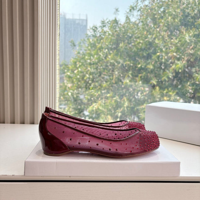 CRYSTAL STUDDED MARLOUGIELA STRASS BALLERINAS IN BURGUNDY RED CALFSKIN