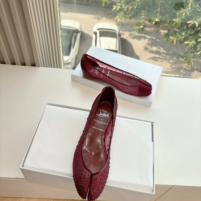 CRYSTAL STUDDED MARLOUGIELA STRASS BALLERINAS IN BURGUNDY RED CALFSKIN