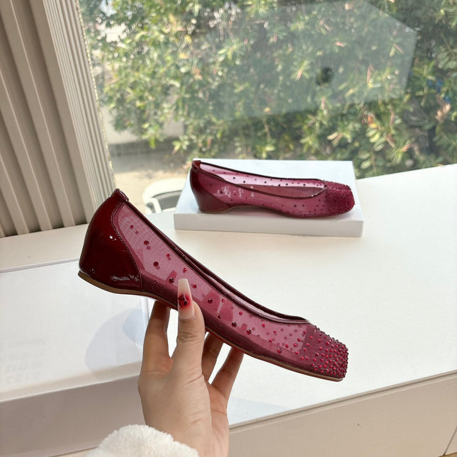 CRYSTAL STUDDED MARLOUGIELA STRASS BALLERINAS IN BURGUNDY RED CALFSKIN