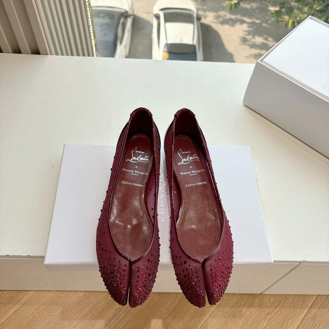 CRYSTAL STUDDED MARLOUGIELA STRASS BALLERINAS IN BURGUNDY RED CALFSKIN