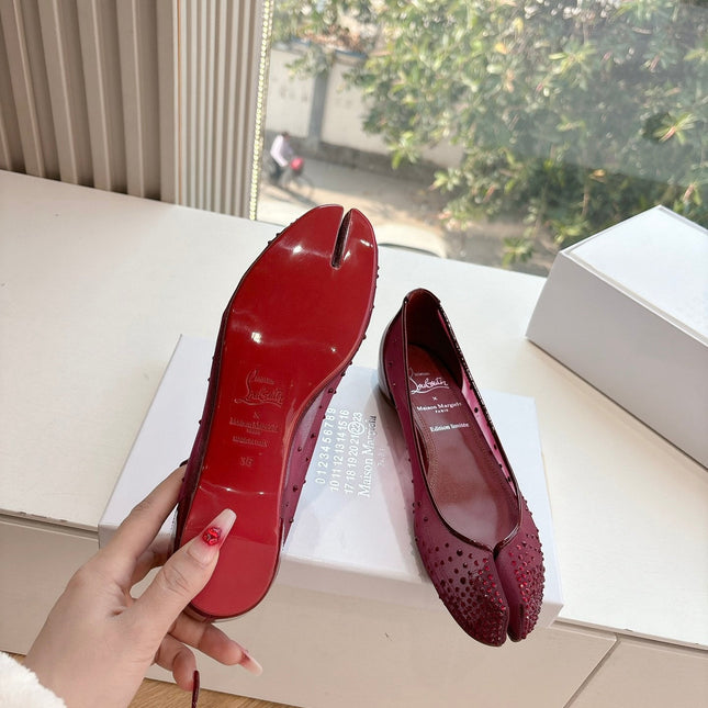 CRYSTAL STUDDED MARLOUGIELA STRASS BALLERINAS IN BURGUNDY RED CALFSKIN