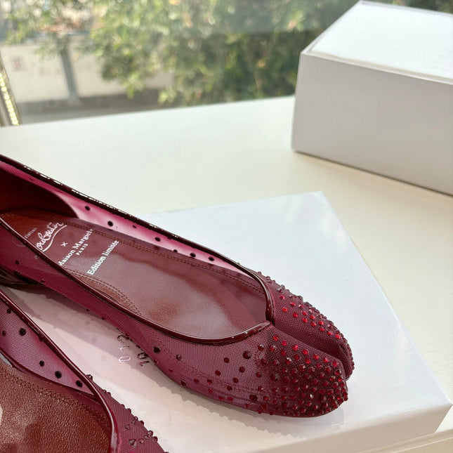 CRYSTAL STUDDED MARLOUGIELA STRASS BALLERINAS IN BURGUNDY RED CALFSKIN