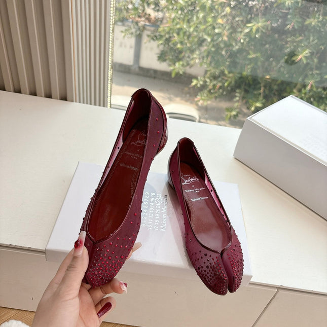 CRYSTAL STUDDED MARLOUGIELA STRASS BALLERINAS IN BURGUNDY RED CALFSKIN