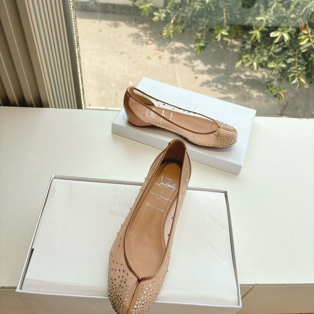 CRYSTAL STUDDED MARLOUGIELA STRASS BALLERINAS IN BEIGE CALFSKIN