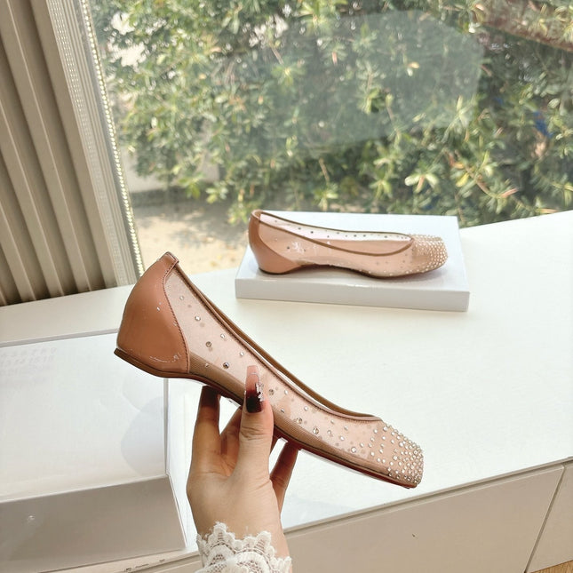 CRYSTAL STUDDED MARLOUGIELA STRASS BALLERINAS IN BEIGE CALFSKIN