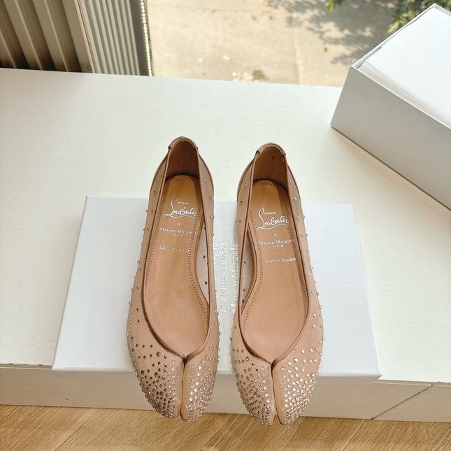 CRYSTAL STUDDED MARLOUGIELA STRASS BALLERINAS IN BEIGE CALFSKIN