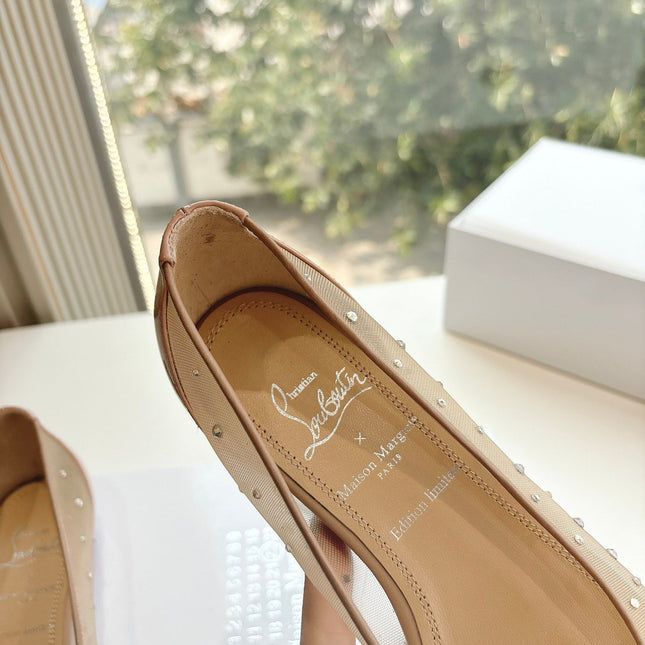 CRYSTAL STUDDED MARLOUGIELA STRASS BALLERINAS IN BEIGE CALFSKIN