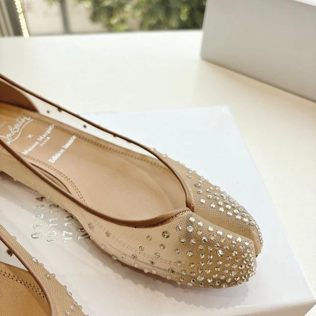 CRYSTAL STUDDED MARLOUGIELA STRASS BALLERINAS IN BEIGE CALFSKIN