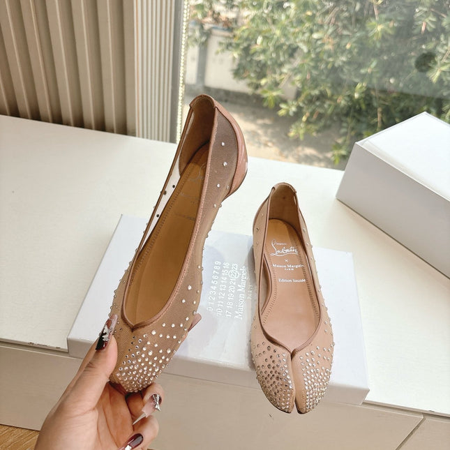 CRYSTAL STUDDED MARLOUGIELA STRASS BALLERINAS IN BEIGE CALFSKIN