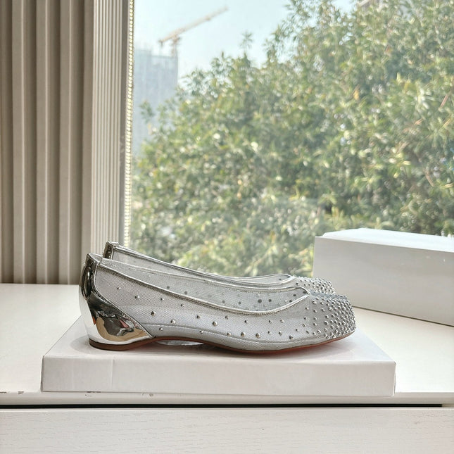 CRYSTAL STUDDED MARLOUGIELA STRASS BALLERINAS IN WHITE CALFSKIN