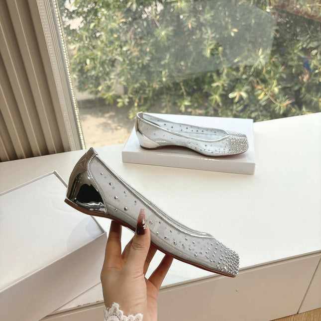 CRYSTAL STUDDED MARLOUGIELA STRASS BALLERINAS IN WHITE CALFSKIN