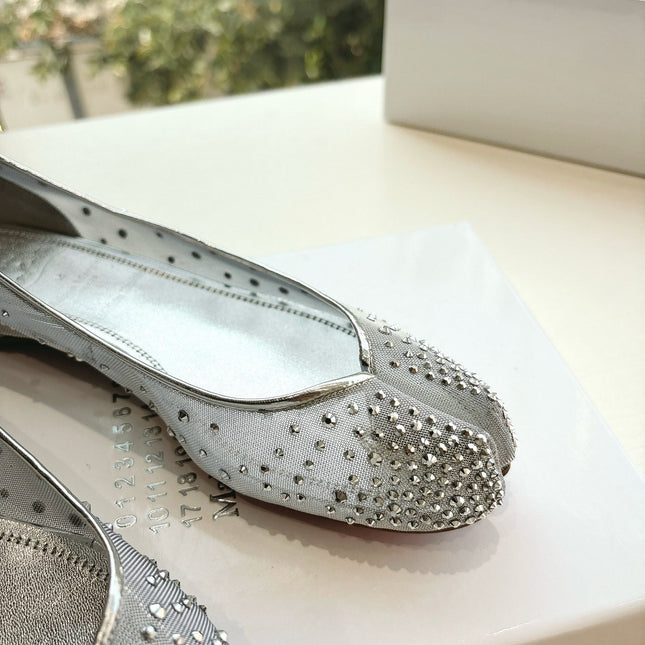 CRYSTAL STUDDED MARLOUGIELA STRASS BALLERINAS IN WHITE CALFSKIN