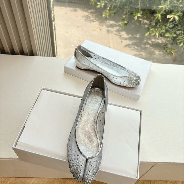 CRYSTAL STUDDED MARLOUGIELA STRASS BALLERINAS IN WHITE CALFSKIN