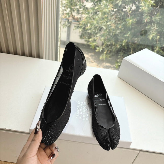 CRYSTAL STUDDED MARLOUGIELA STRASS BALLERINAS IN BLACK CALFSKIN